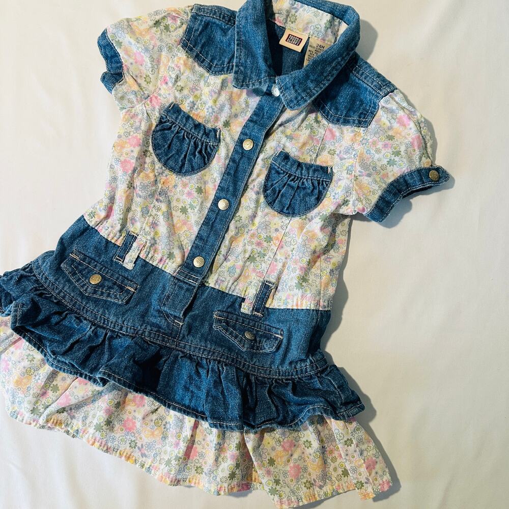 Vintage 90s Faded Glory Floral Denim Patchwork Cowgirl Jean Dress Sz 24 mo